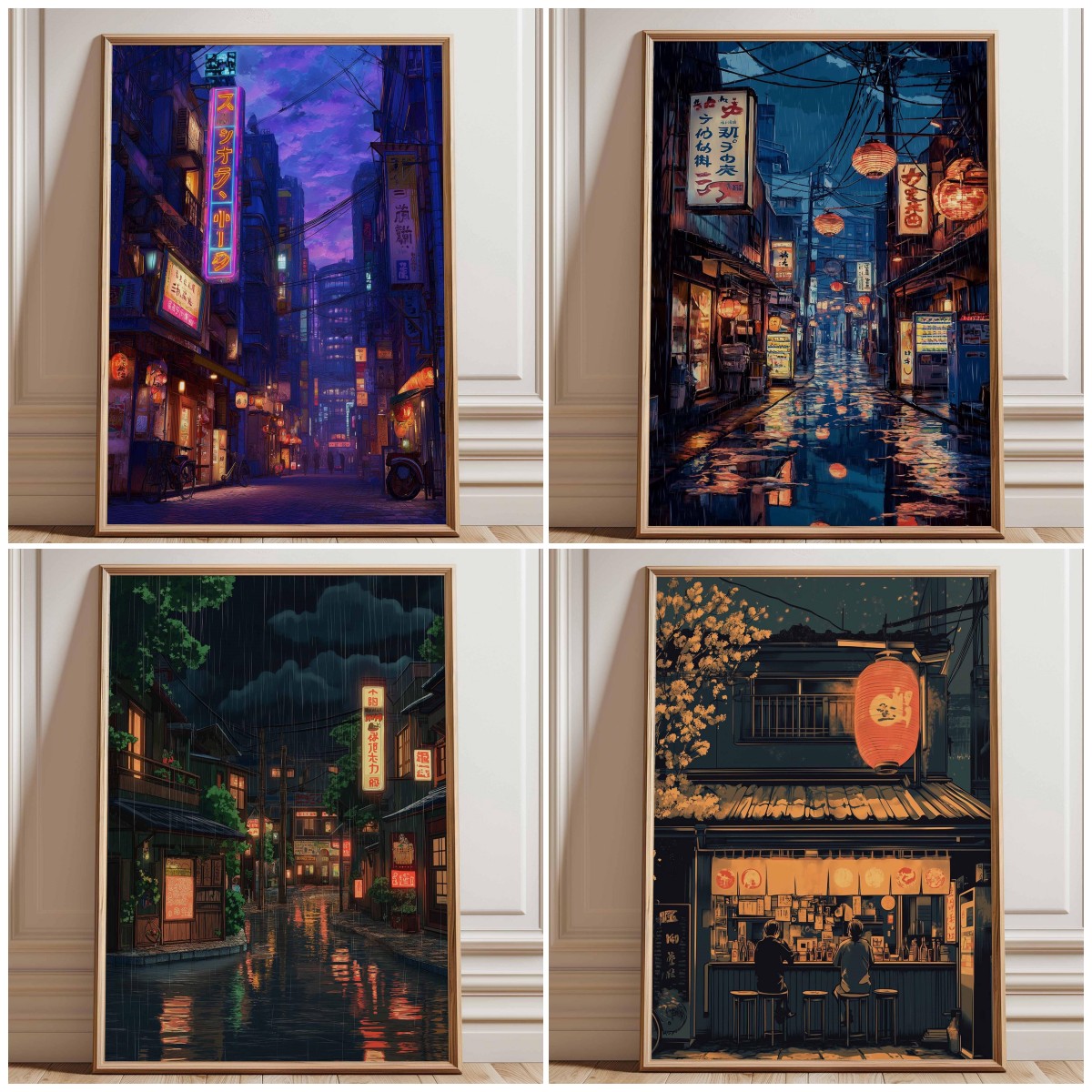 Japanese Lighting Decor - 1枚入りフレームなしネオン東京ストリートポスタープリント、サイバーパンクナイトシティウォールアート、日本の都市景観装飾、未来的なアニメスタイル