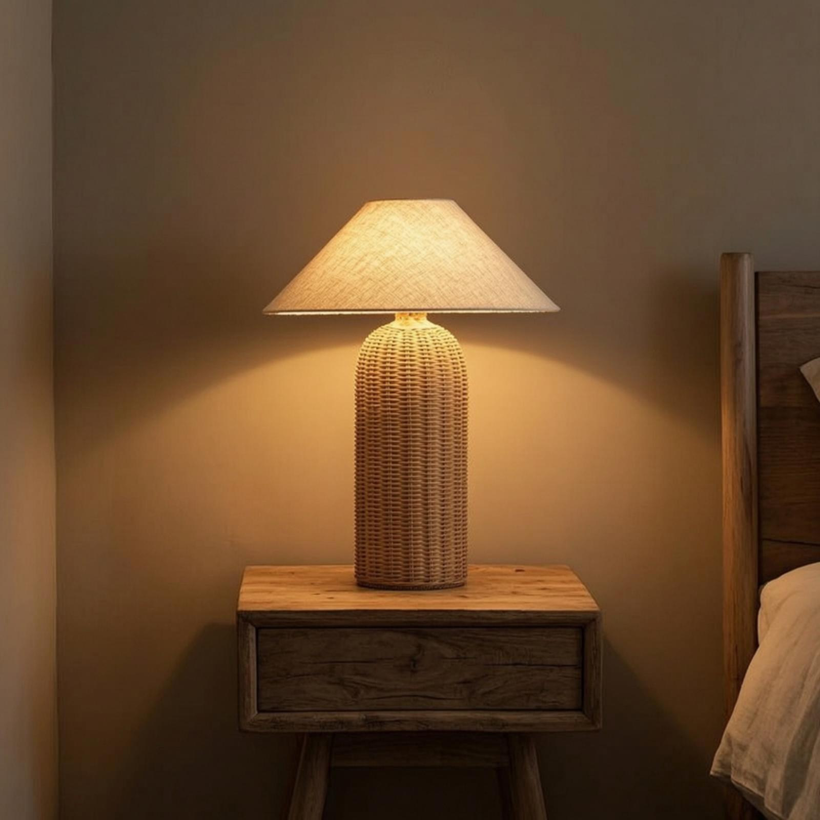 Decor Lighting & Decor Fires - ベッドサイドランプ ラタンベース ファブリックシェード ナイトテーブルランプ 寝室 リビングルーム用装飾照明