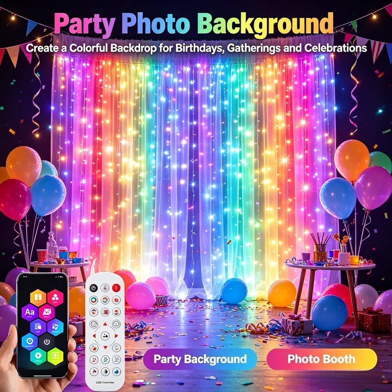 Fairy Light Curtain - USB電源式アプリ制御LEDカーテンライト、クリスマス、窓、寝室、パーティーの装飾用DIYフェアリーライト