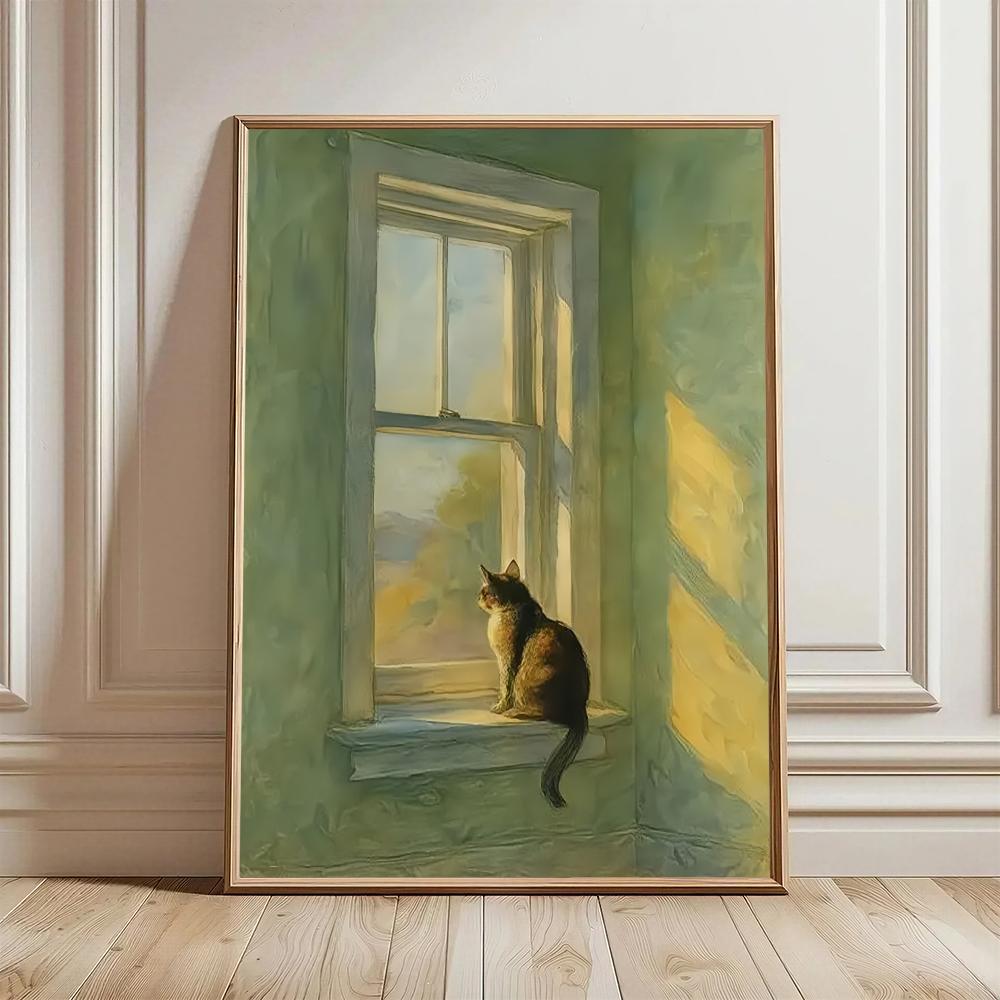 Decor Lighting Hours - ゴールデンアワーの窓辺の猫 HDウォールアートポスター 夢のような水彩画の柔らかな光 パステルカラーの窓辺 落ち着いた寝室の家の装飾 猫好きにぴったり