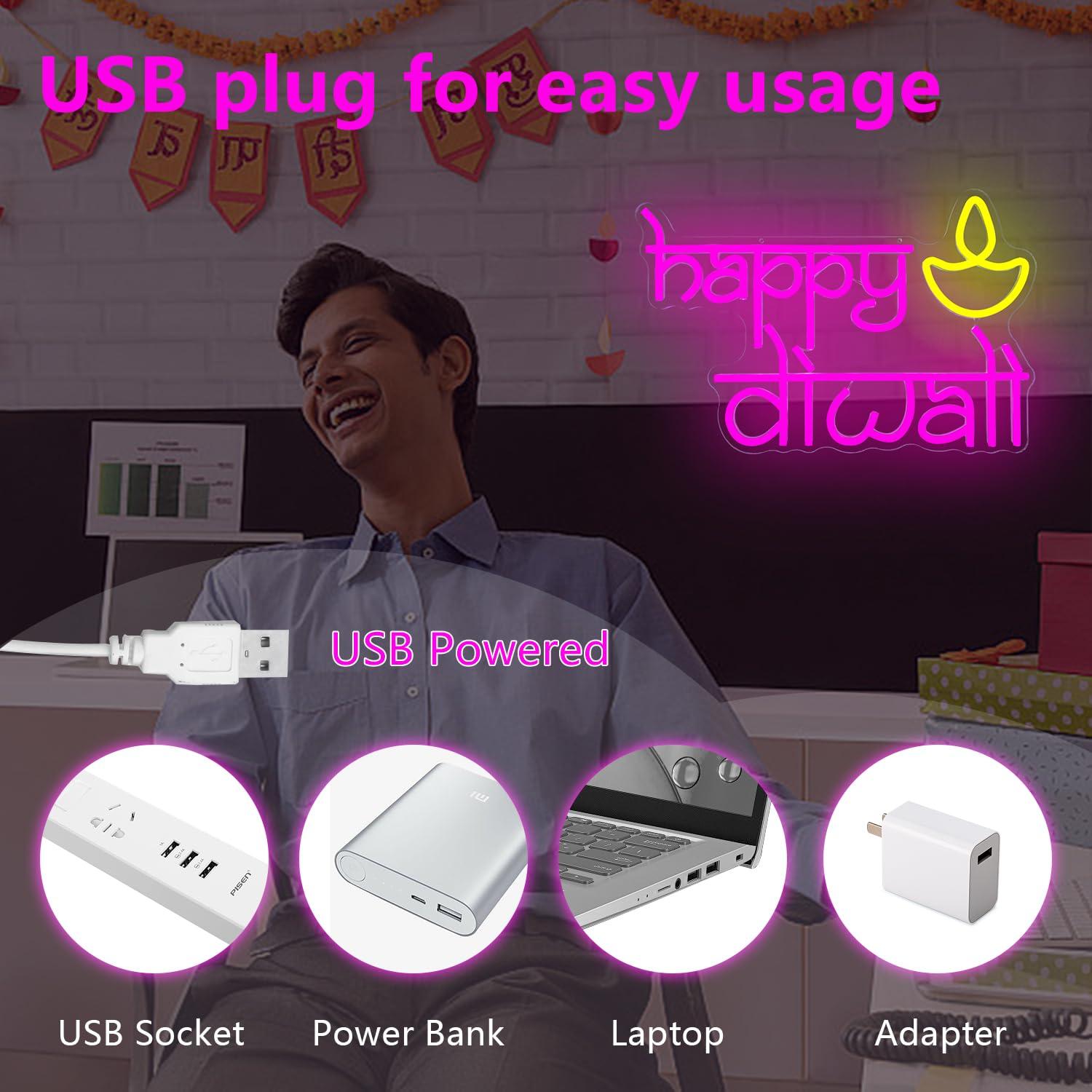 ハッピーディワリネオンサインUSB電源LED調光可能ネオンラ - Led Lighting Wall Decor のレビューと価格